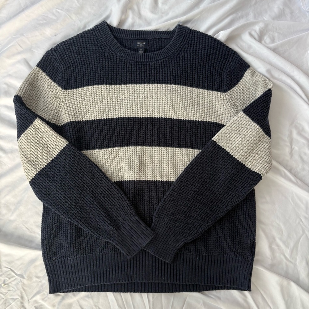 J Crew Chunky Kniy Navy and White Striped Sweater 100% Cotton Sz M